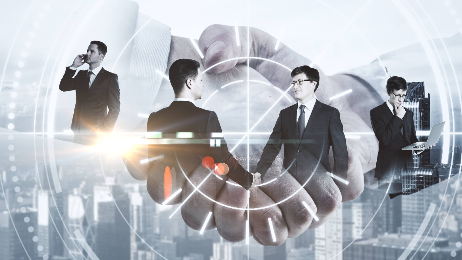 A corporate double exposure collage featuring business partners shaking hands overlaid with a city skyline, a targeting hud interface, and male executives analyzing data.